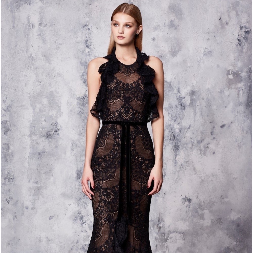 Marchesa Red Sleeveless Double Ruffle Lace Gown